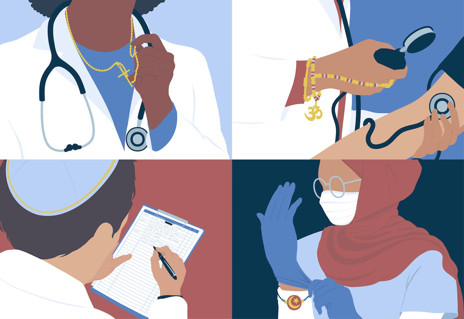 2x2 grid of illustrations. First is a doctor with a stethoscope and a cross on necklace. Second: A doctor taking blood pressure with Hindu jewelry. Third: a doctor in a yamaka writing on a chart. Fourth: a doctor in a hijab, putting on gloves