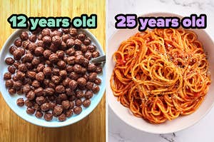 On the left, a bowl of chocolate cereal labeled 12 years old, and on the right, a bowl of spaghetti labeled 25 years old