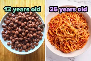 On the left, a bowl of chocolate cereal labeled 12 years old, and on the right, a bowl of spaghetti labeled 25 years old