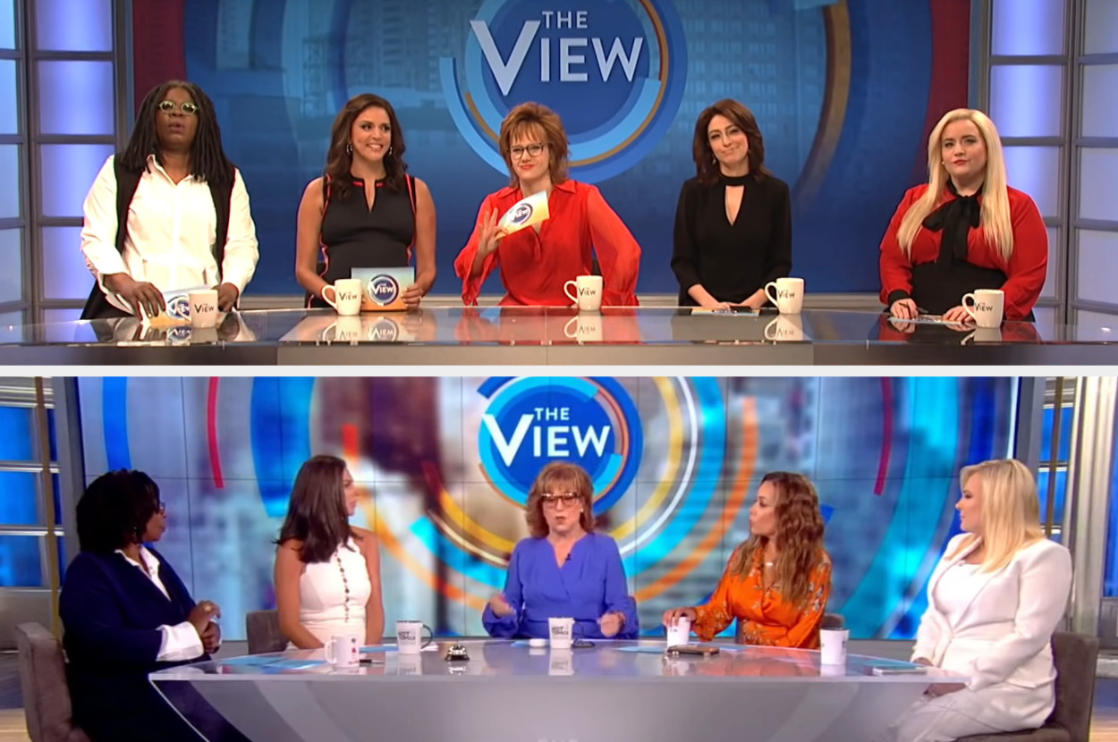 SNL cast members as the hosts of The View; The View hosts sitting around a table