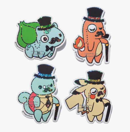 Bulbasaur, Charmander, Squirtle, and Pikachu dress up as gentlemen