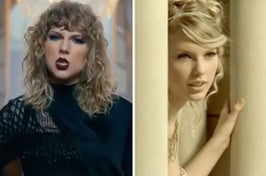 Taylor Swift in the "Look What You Made Me Do" music video and the "Love Story" music video