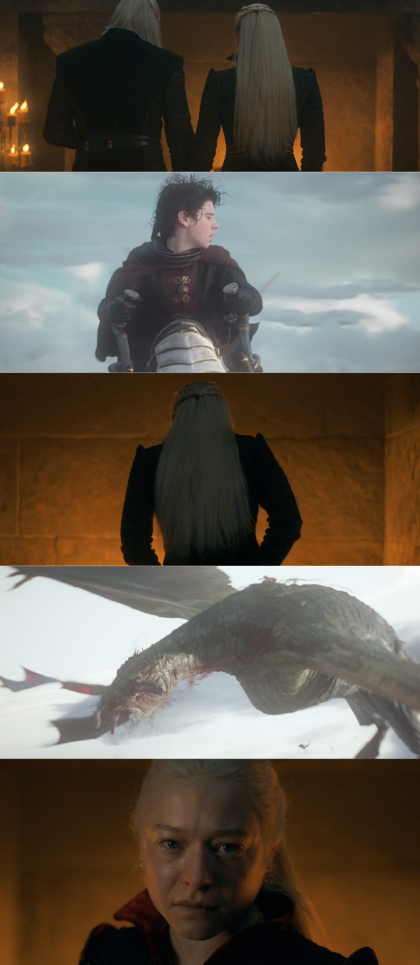 守护进程Targaryen与妻子说话,Rhaenyra,壁炉,Lucerys Targaryen坐在他的龙,他和他的龙被另一个龙,和Rhaenyra Targaryen面对镜头yabo.com
