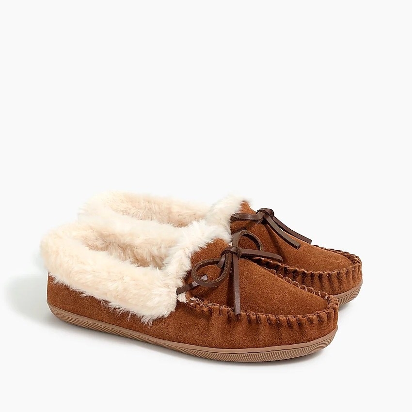 suede moccasin-style house shoes with a white fuzzy interior