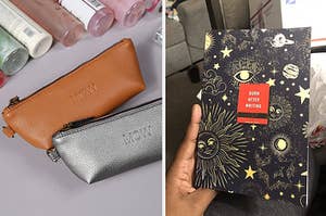on left, brown and silver vegan leather pencil cases with MCW on the front. on right, reviewer holding a Burn After Writing journal