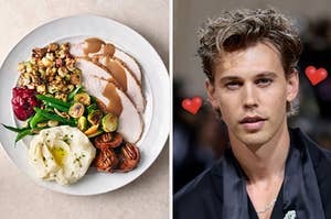 a turkey dinner plate on the left and austin butler on the right