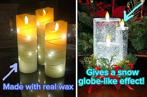 Reviewer image of three white flameless candles with twinkle lights wrapped around each on a table, reviewer image of three clear glitter flameless candles inside green wreath