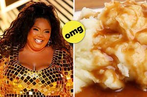 lizzo on the left and mashed potatoes and gravy on the right