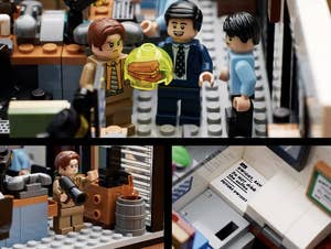 Close-ups of the Lego set, featuring Dwight and Jim