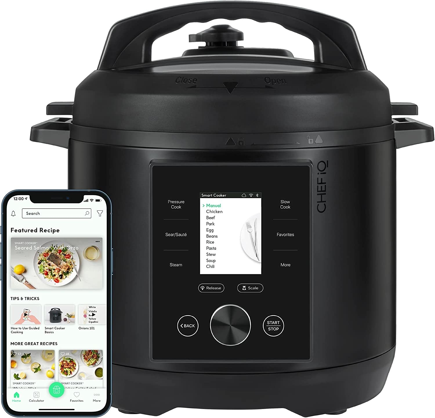 The CHEF iQ and a phone opened to its app containing recipes, tips, tricks, and more