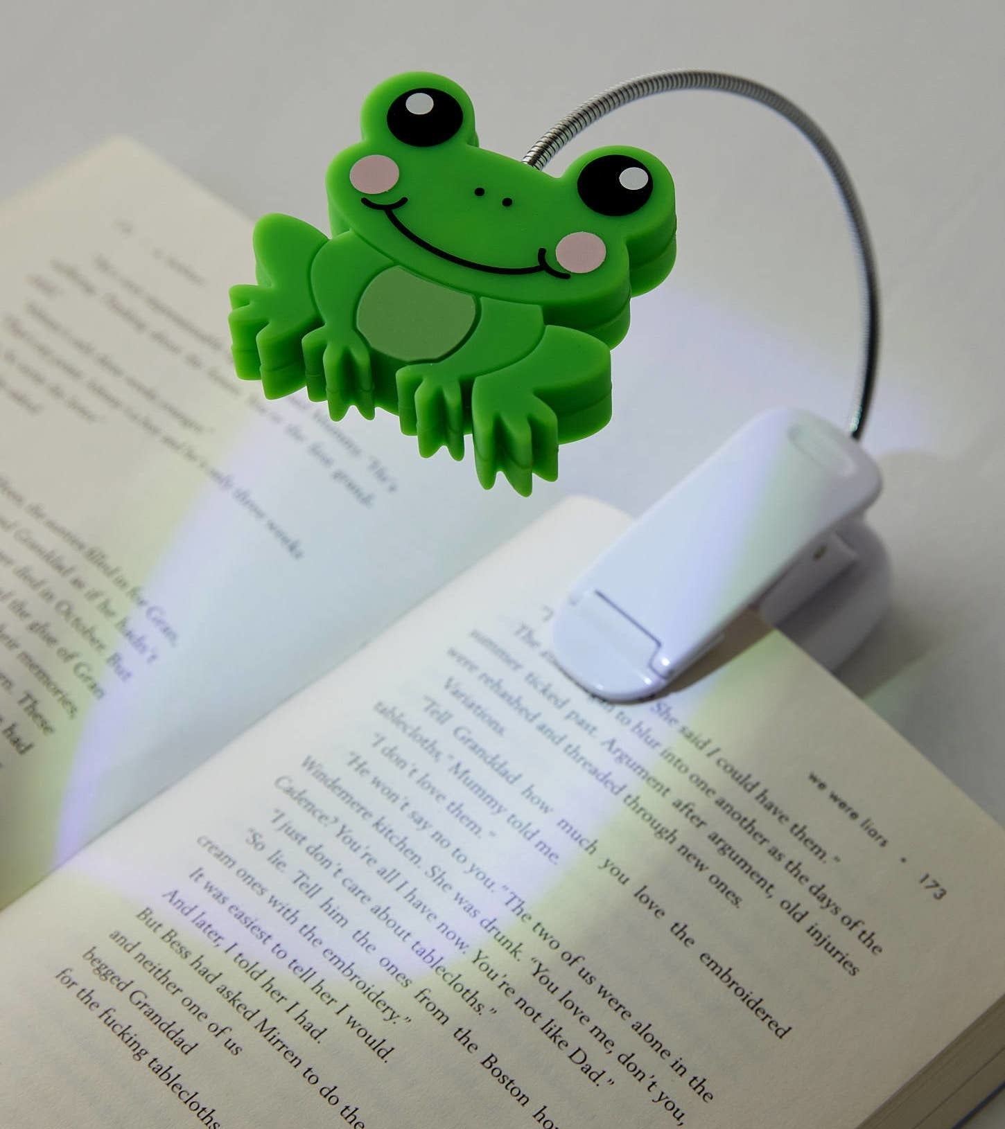 a little frog book light clipped onto a book