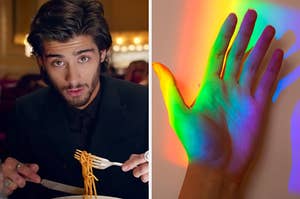 On the left, Zayn eating spaghetti in the One Direction Night Changes music video, and on the right, a rainbow reflecting on someone's hand