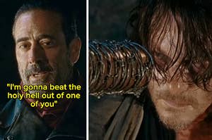 A close up of Negan talking and a barbed wire bat is pointed at Daryl's face