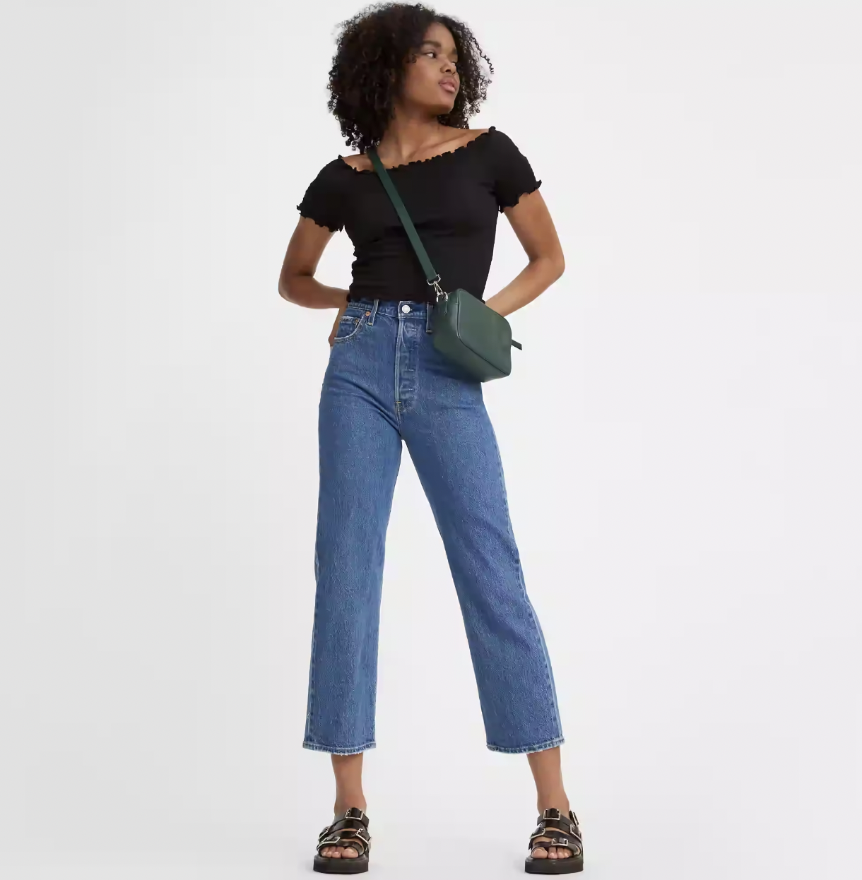 model wearing the ribcage straight ankle jeans