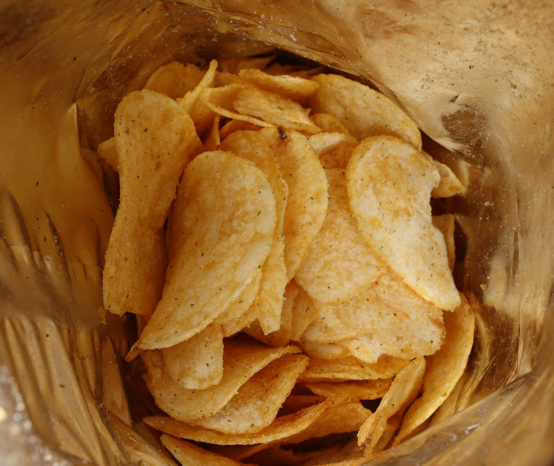 An open bag of potato chips.