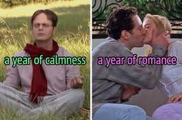 On the left, Dwight from The Office meditating in a field labeled a year of calmness, and on the right, Josh and Cher from Clueless kissing labeled a year of romance