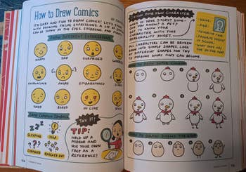 Reviewer showing an open page of the book teaching how to draw comics