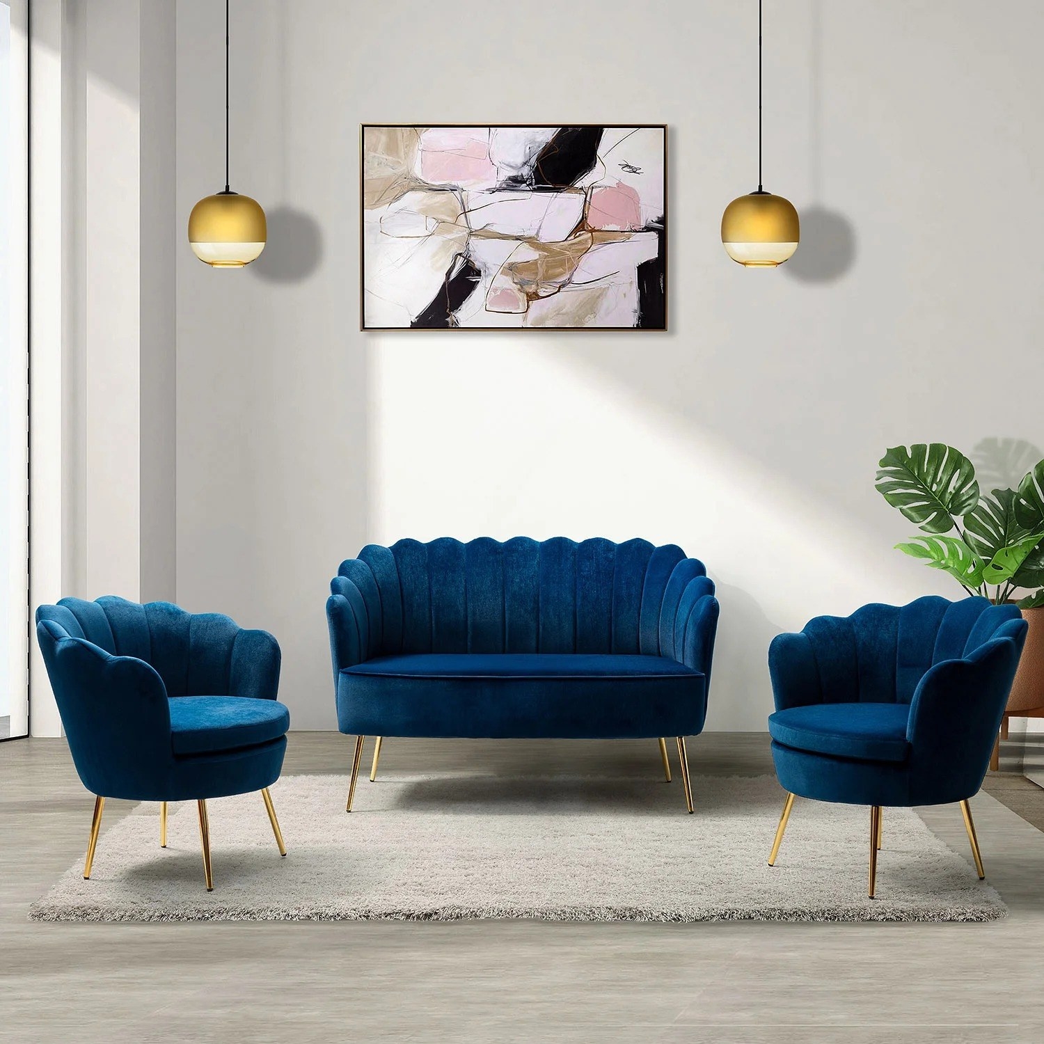 the blue loveseat with matching blue chairs