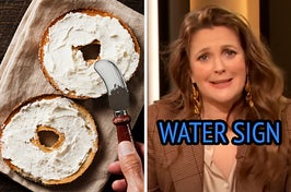 On the left, some bagels with cream cheese, and on the right, Drew Barrymore labeled water sign