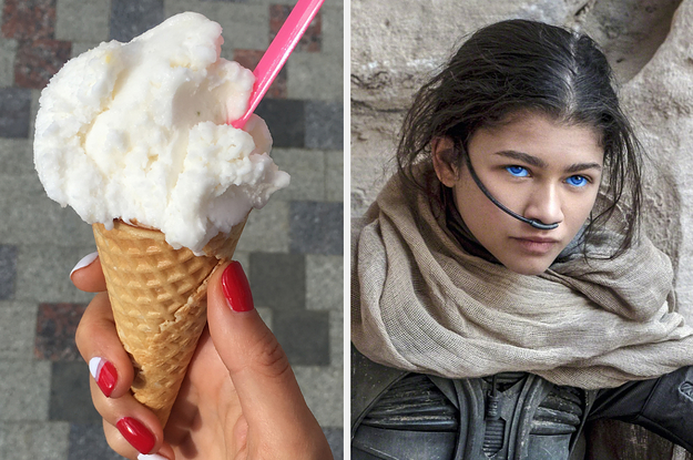 On the left, someone holding a vanilla ice cream cone, and on the right, Zendaya as Chani in Dune