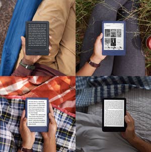 Four different views of Kindles being read outside