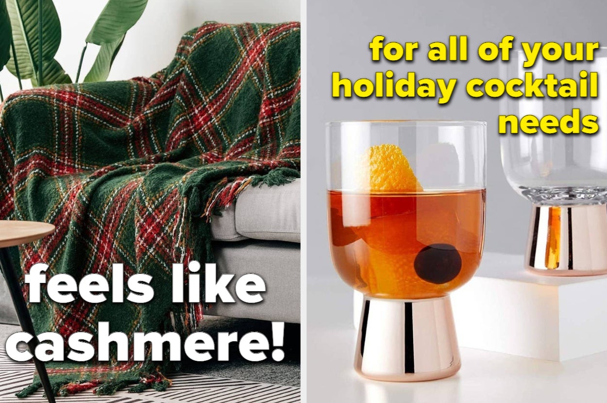 red and green plaid throw blanket; two copper-footed cocktail glasses