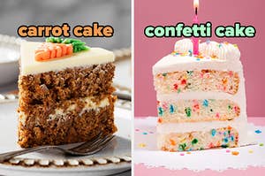 On the left, a slice of carrot cake, and on the right, a slice of confetti cake