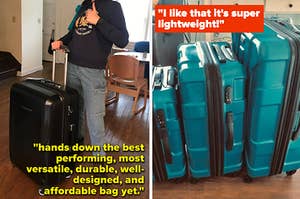 left: reviewer posing with a black Samsonite hard shell suitcase. right: reviewer photo of three Samsonite turquoise suitcases.