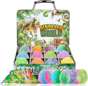 The dinosaur bath bombs with a carrying case