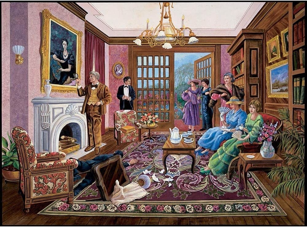 the puzzle, which features a scene with multiple people in a fancy-looking room looking at a dead body
