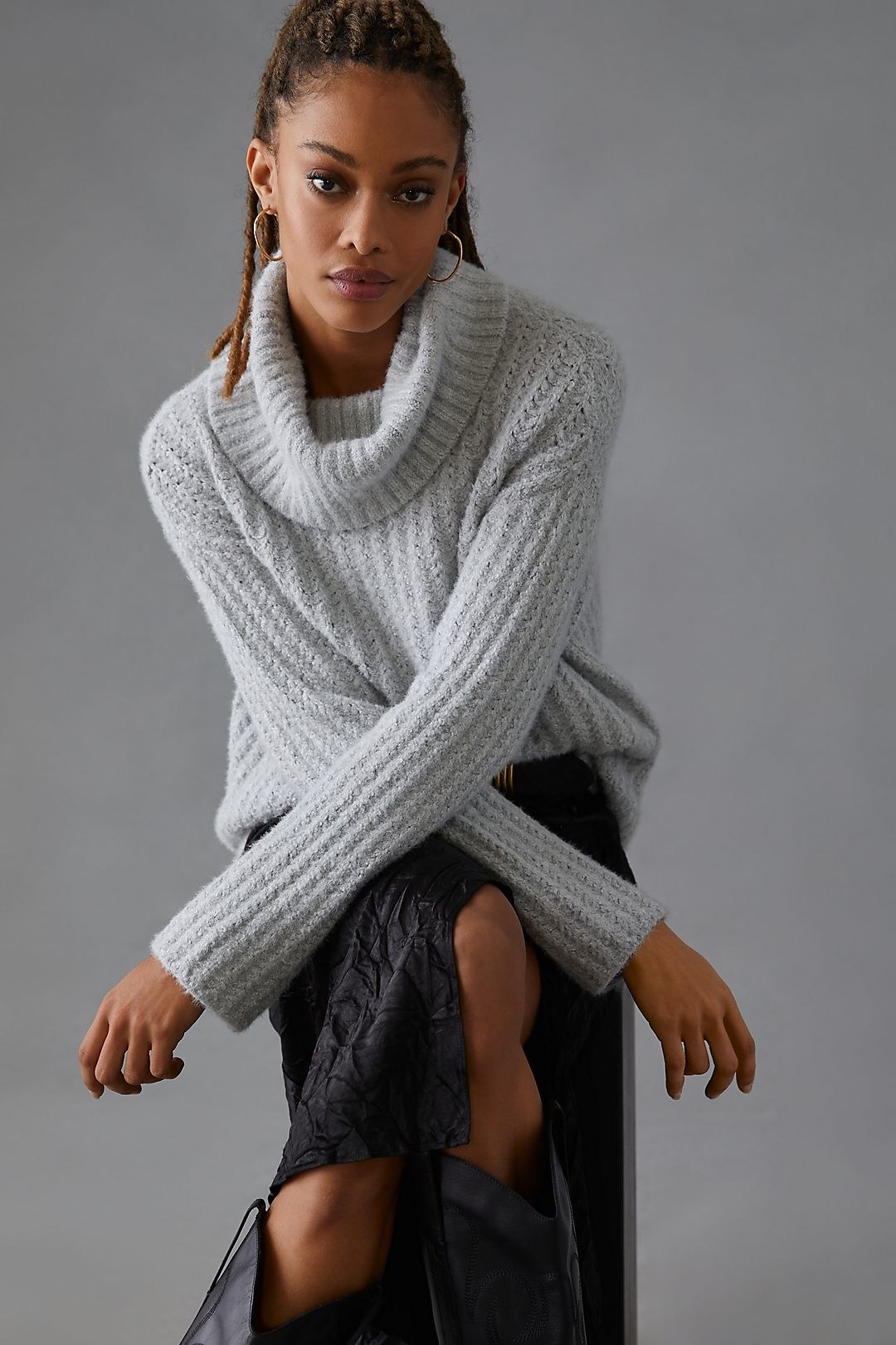 model in light grey ribbed cowl neck pullover sweater