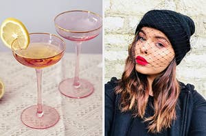 Pink coupe glasses / a model in a veiled beanie