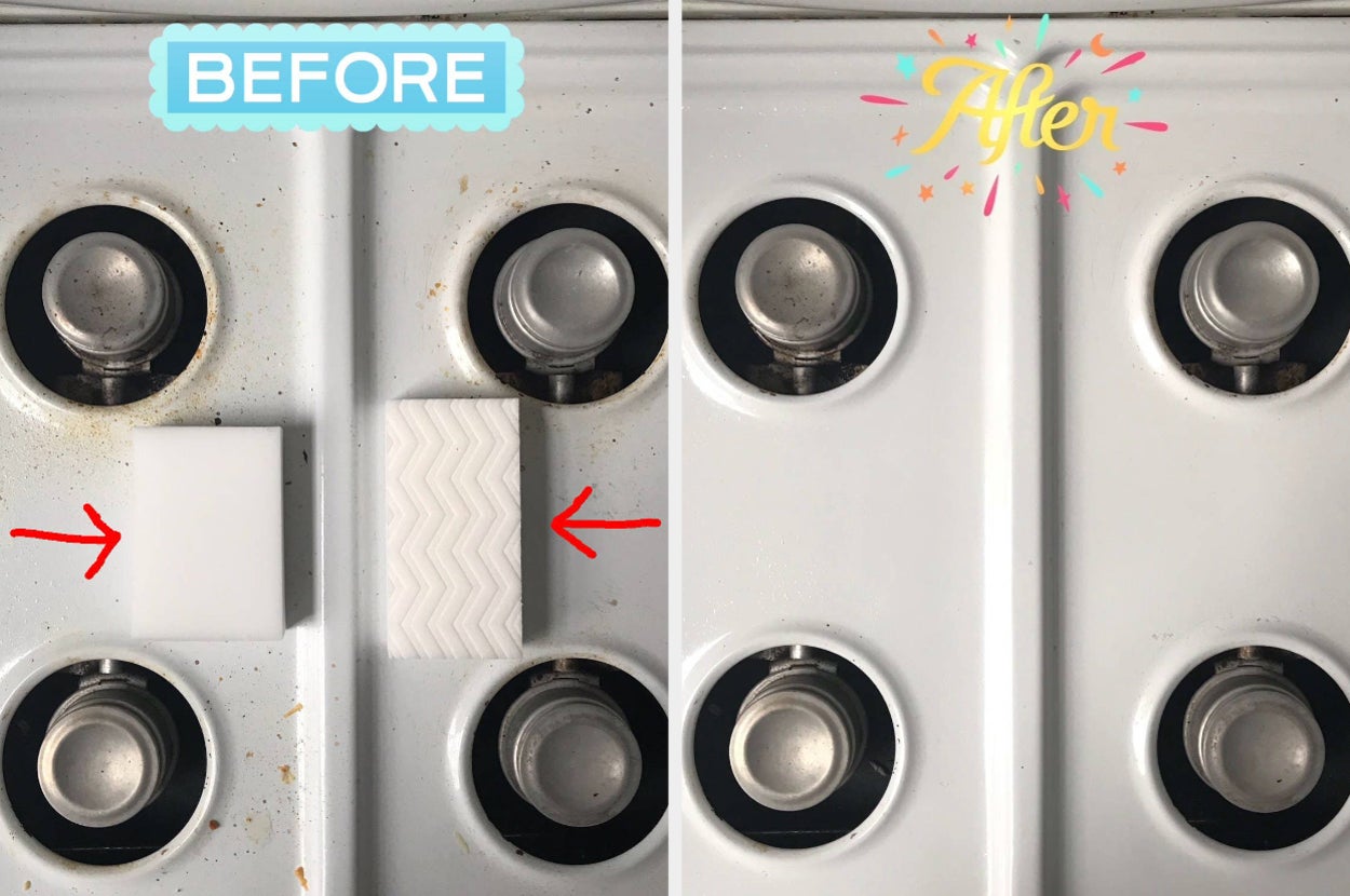 BuzzFeeder's before and after photos showing a dirty stovetop holding two cleaning erasers next to the same stove looking spotless after being cleaned