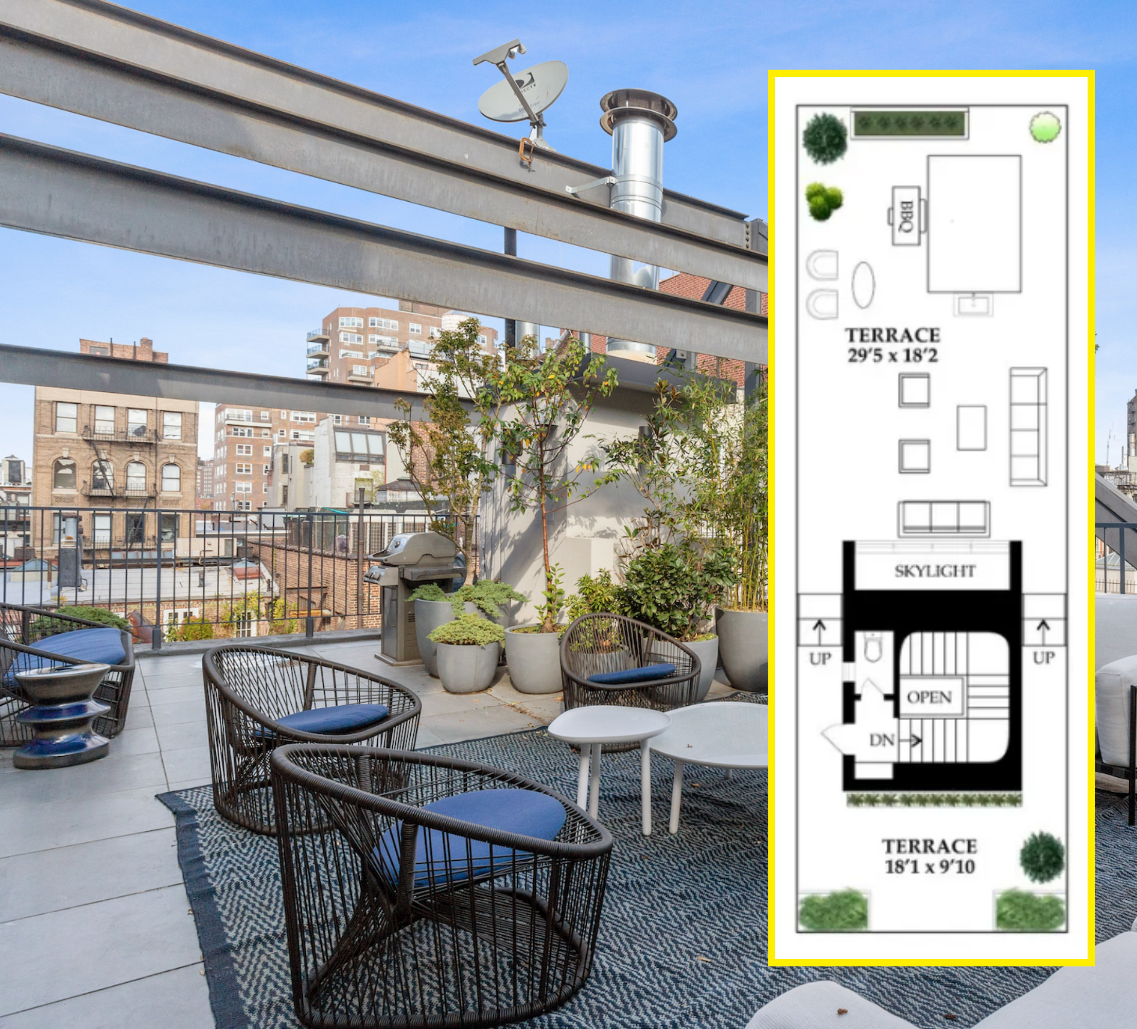 floor plan of the rooftop terrace and the view