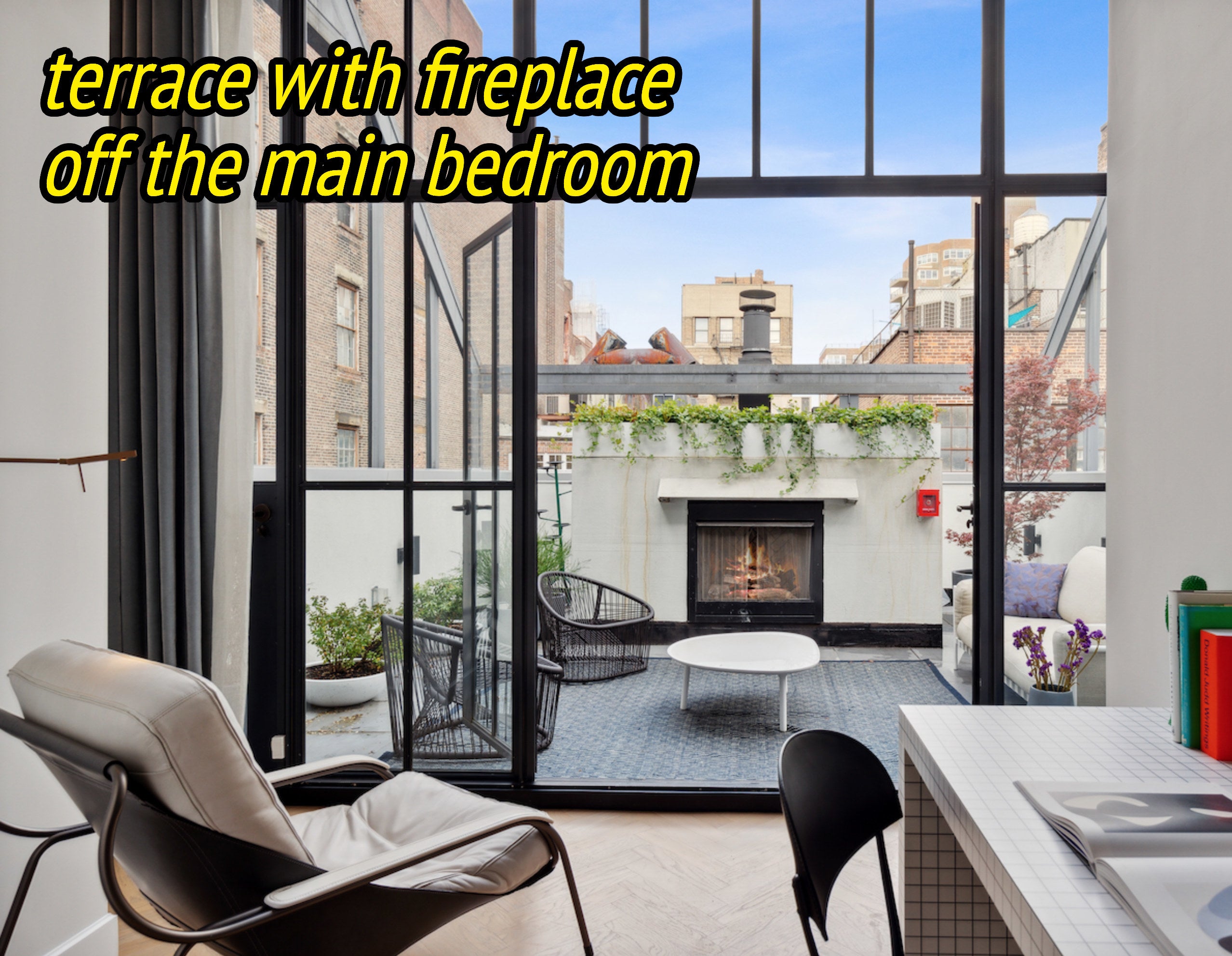 terrace with fireplace off the main bedroom