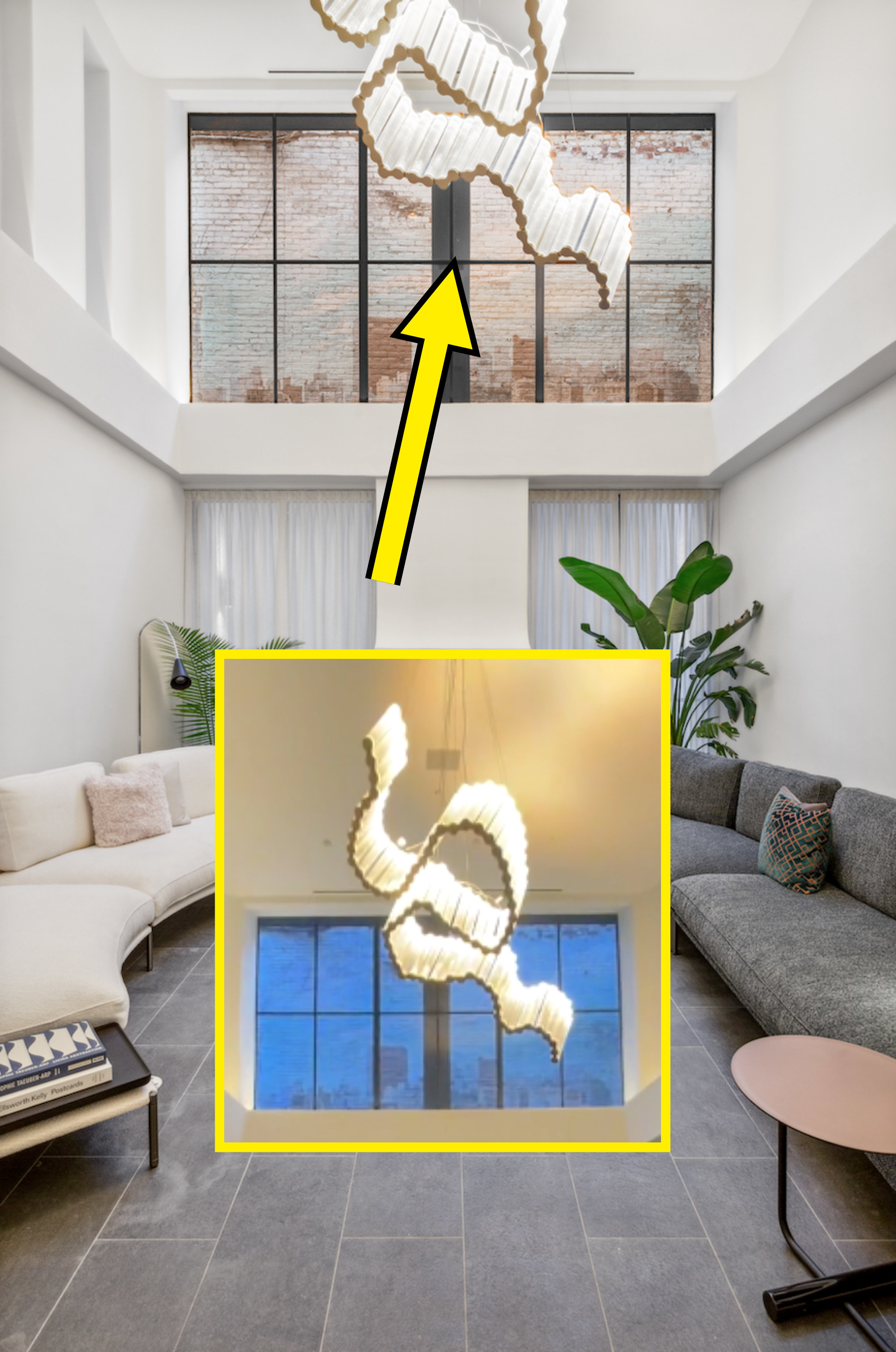 arrow pointing to expensive looking chandelier in living room