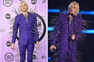 Machine Gun Kelly wears a brightly colored suit with spikes on it