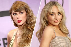 Taylor Swift wears a halter top jumpsuit and Sabrina Carpenter wears a sparkly thin strap crop stop