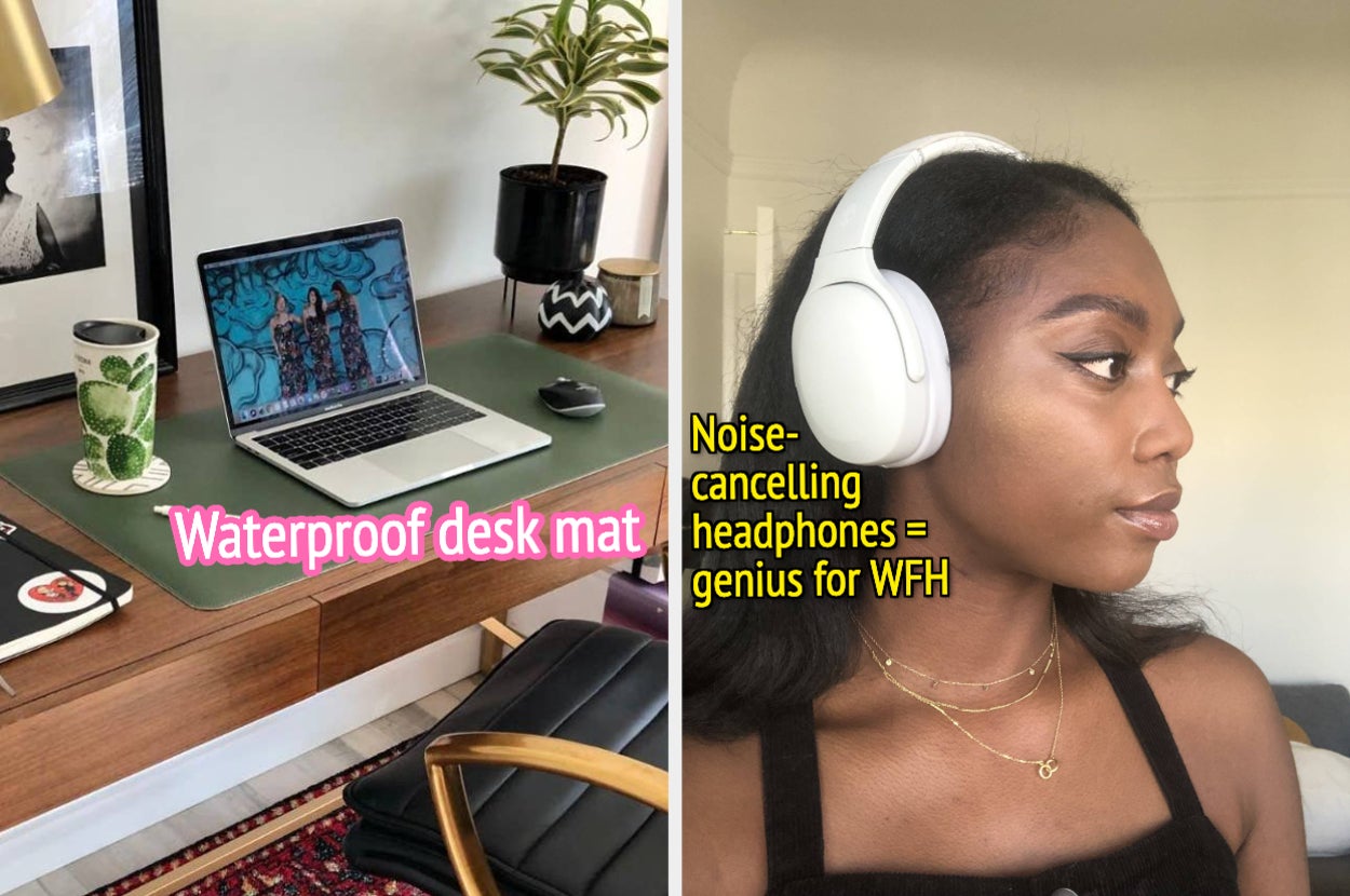 on left, reversible and waterproof green desk mat under laptop and coffee tumbler. on right, BuzzFeed editor Amanda Davis wearing white Skullcandy noise-cancelling headphones