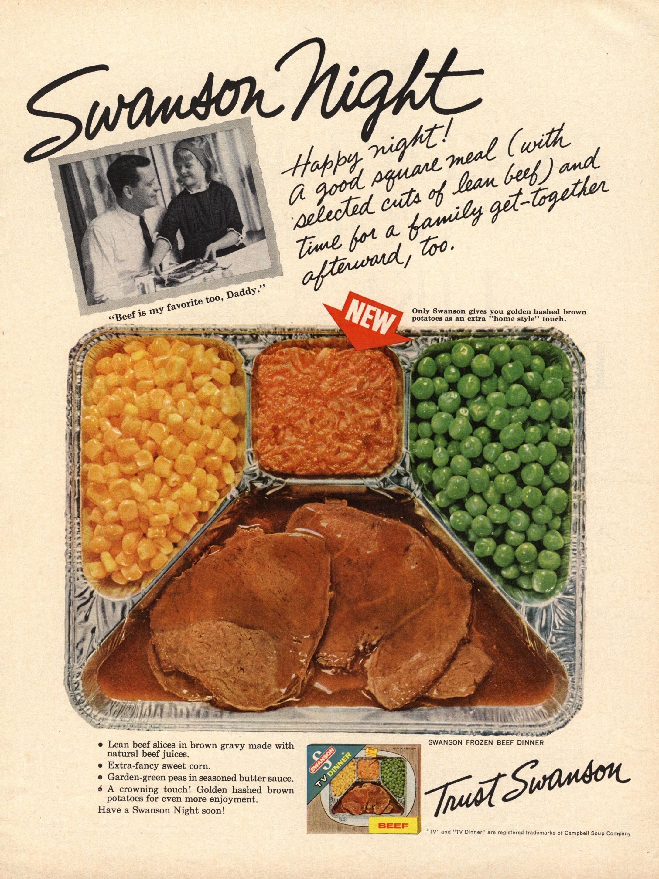 an old swanson ad with a photo of the portioned tv dinner