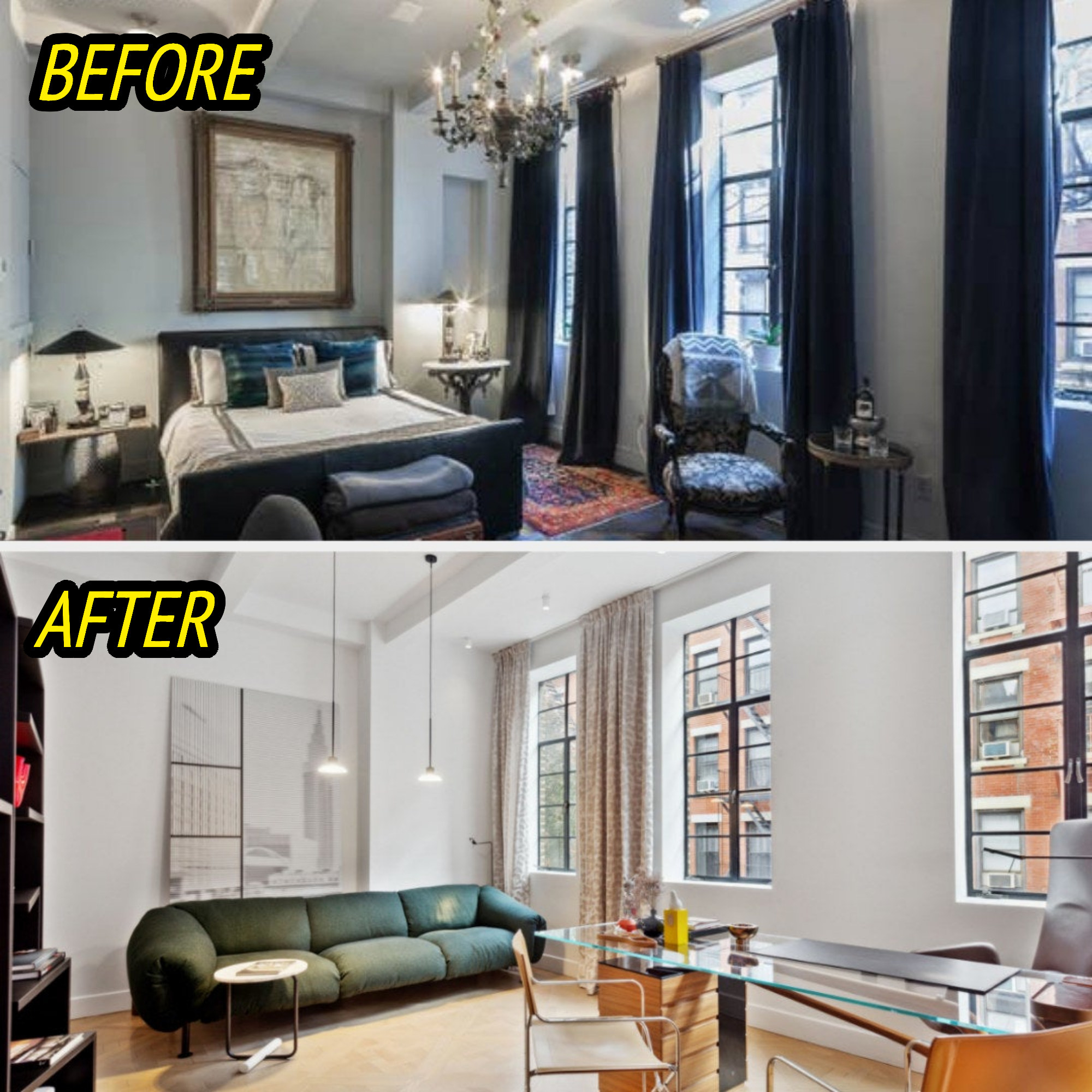 before and after of the bedroom and office space