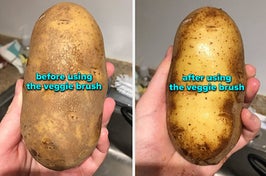 a before and after of a potato after being cleaned with a veggie brush