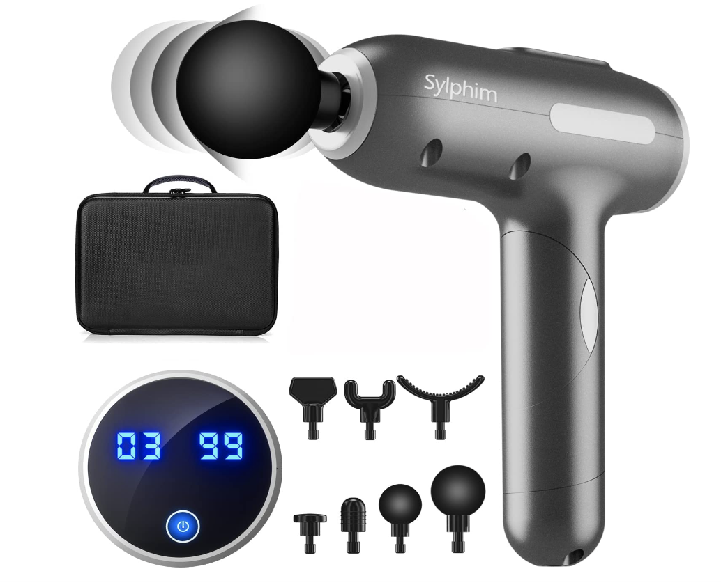 the silver massage gun, carrying case, head attachments, and screen interface