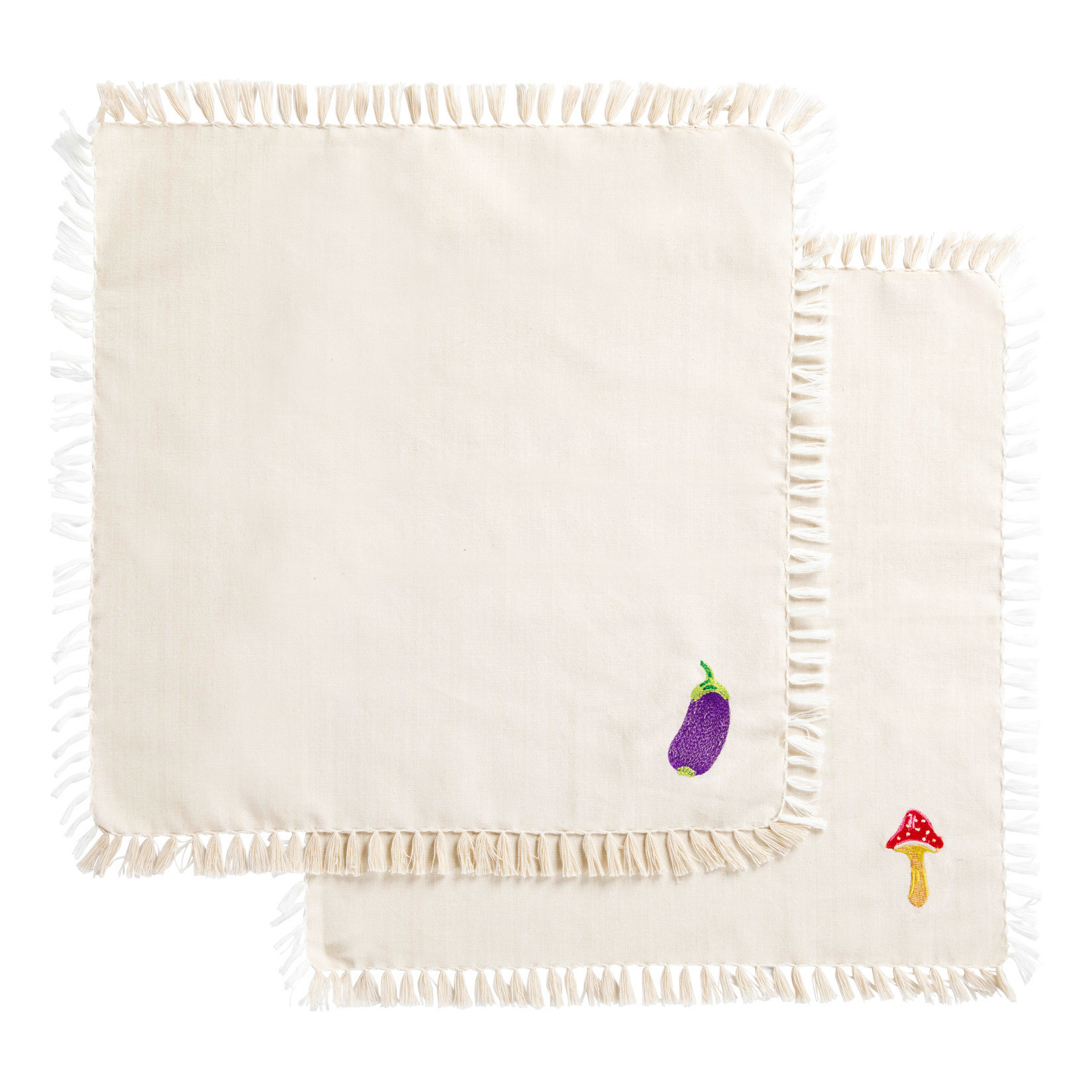 Two cloth napkins, one with a small eggplant embroidered on the corner and one with a small mushroom embroidered on the corner