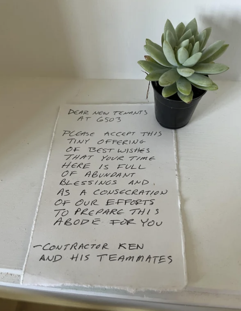 the note left with a little plant