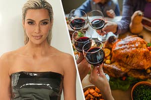 Kim Kardashian wears a strapless dress and four wine glasses cheers over a Thanksgiving table