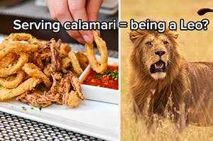 A plate of calamari with sauce and a lion stands in a field