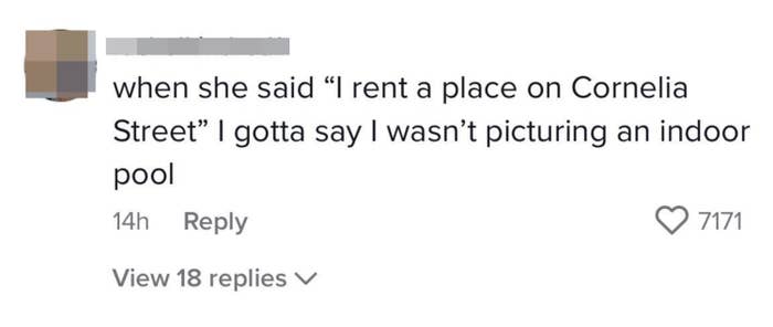 commenter saying when she said i rent a place on cornelia street i gotta say i wasn't picturing an indoor pool