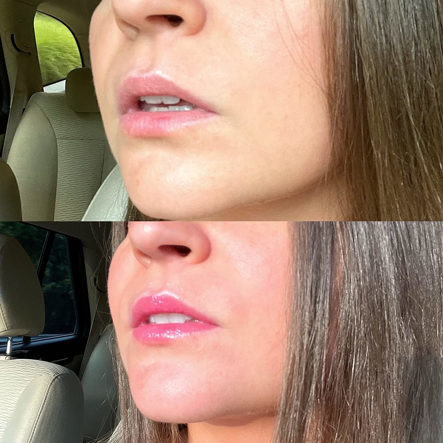 Reviewer image of before and after using tinted lip balm