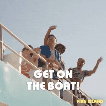 gif of the cast of fire island on a boat waving and saying &quot;get on the boat&quot;
